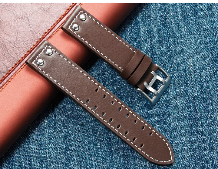 Double Row Hole Leather Watch Strap 20/22mm for Hamilton & Seiko