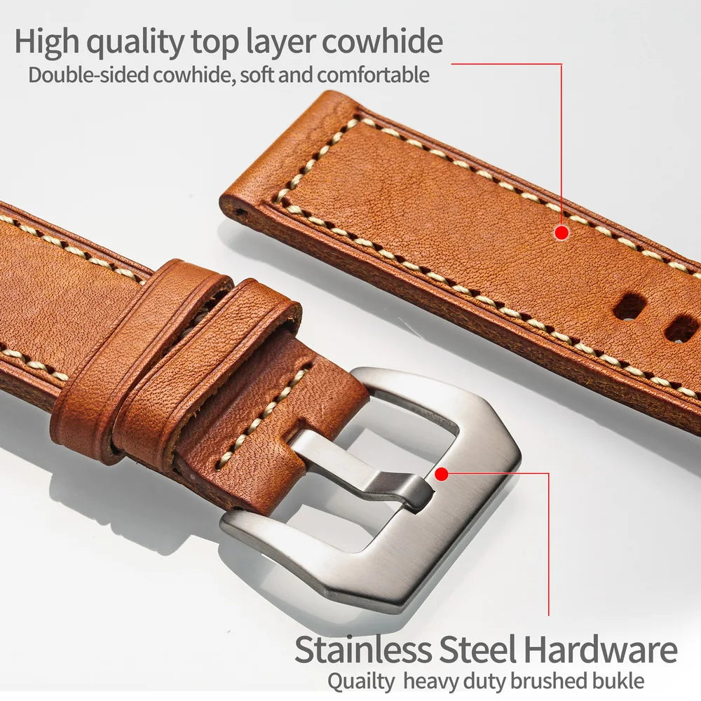 HEMSUT Genuine Leather Watch Strap – Retro Handmade Cowhide (20-26mm)