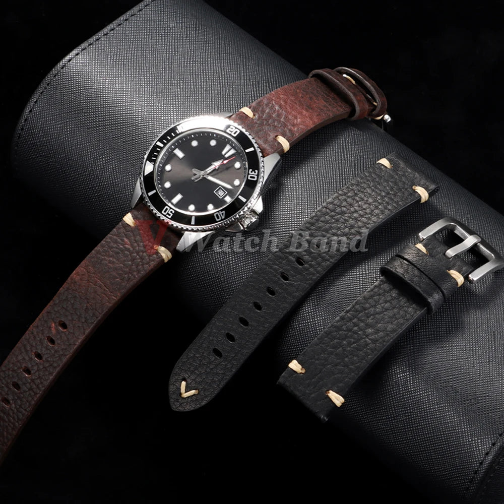 Genuine Cowhide Leather Watch Strap – 18/20/22mm, Vintage, Metal Buckle