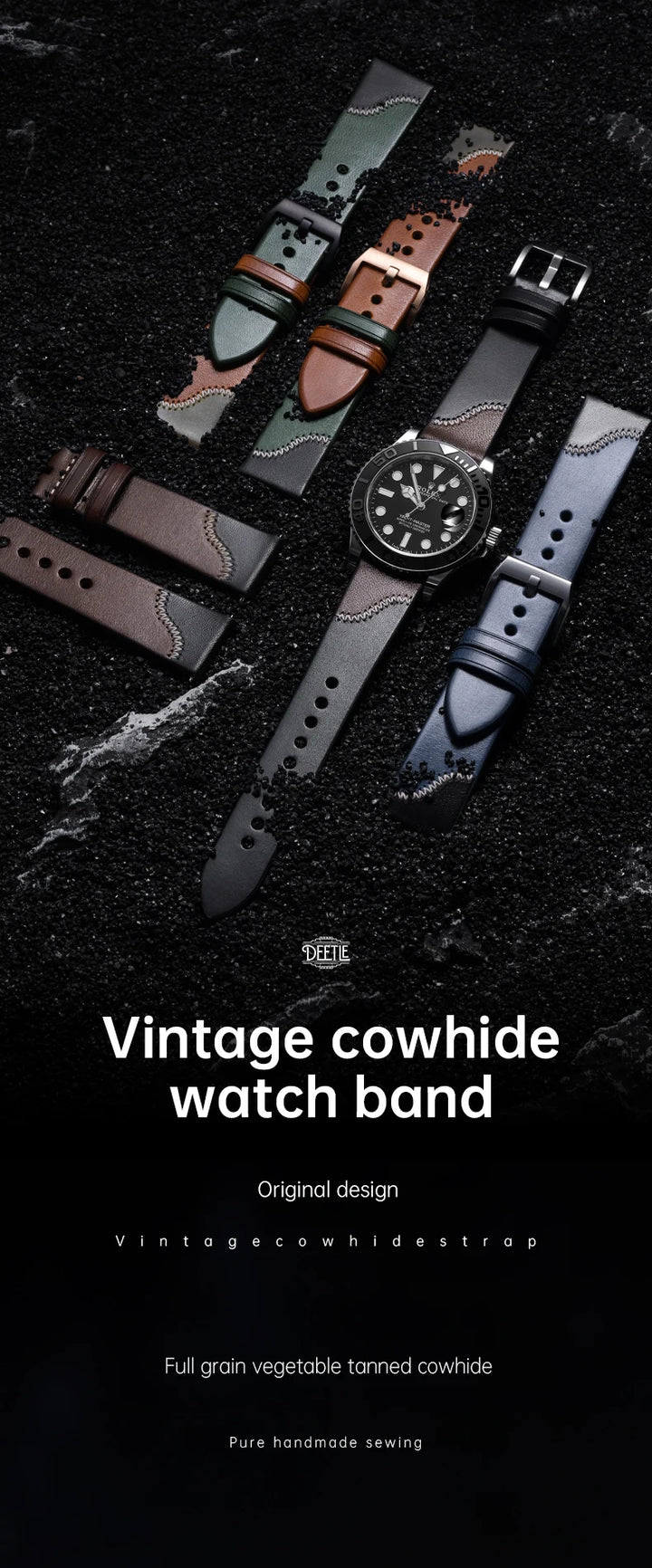 Luxury Design Bicolor Handmade Stitching Watch Strap Quick Release Watch Accessories Full Grain Leather Watch Band