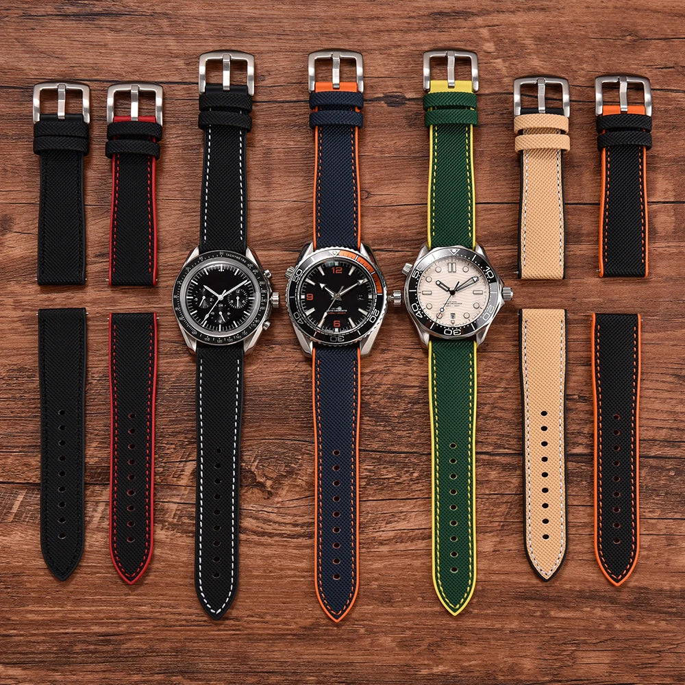 18/20/22/24mm Universal FKM Rubber Strap Waterproof Quick Release Sailcloth Leatehr Watch Band For Longines Seiko Omega IWC Belt