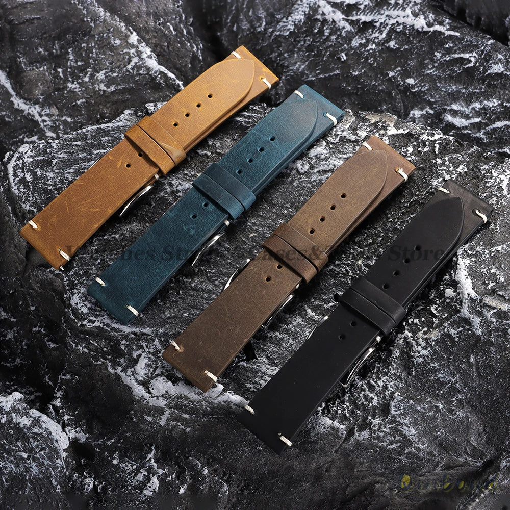 Oil Wax Leather Watch Strap – 18–22mm, Handmade Vintage Brown Cowhide for Omega