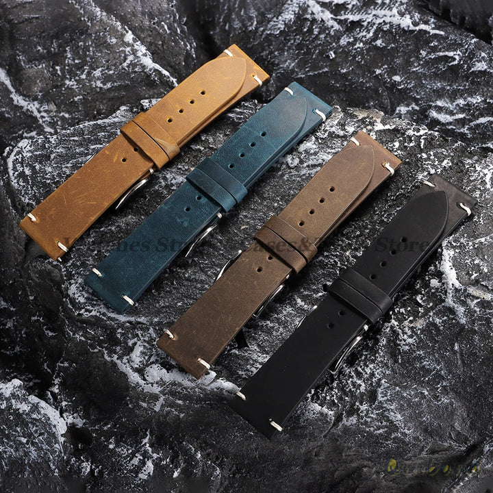 Oil Wax Leather Watch Strap – 18–22mm, Handmade Vintage Brown Cowhide for Omega