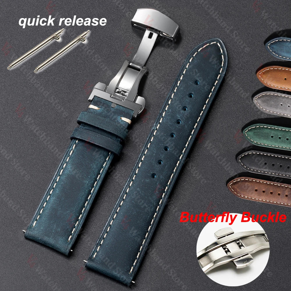 Genuine Calfskin Leather Watch Band 14–24mm for Omega & Seiko (Butterfly Buckle, Brown)