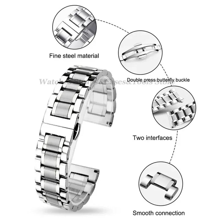 Curved-End Stainless Steel Watch Strap – 12–24mm, Butterfly Clasp