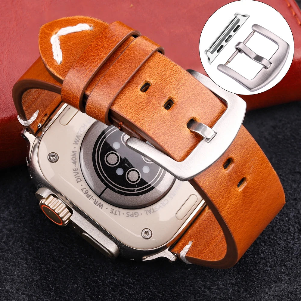 Handmade Vintage Leather Strap for Apple Watch 38-49mm Series 4-9, SE, Ultra