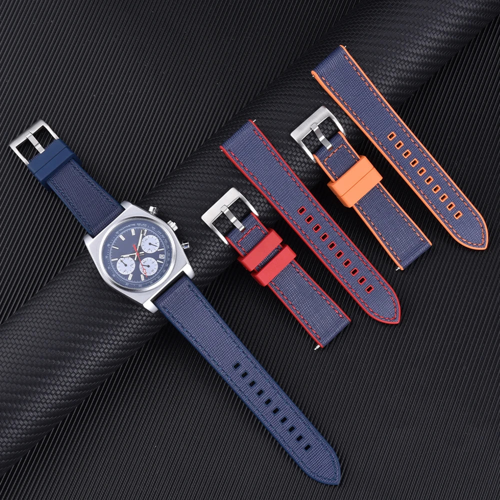 JUELONG New Design FKM Watch Strap 20mm 22mm Quick Release Hybrid Fluoro Rubber Saffiano Leather Watchbands