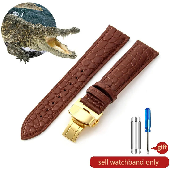 Crocodile Skin Genuine Leather Watch Band with Needle & Butterfly Buckle for