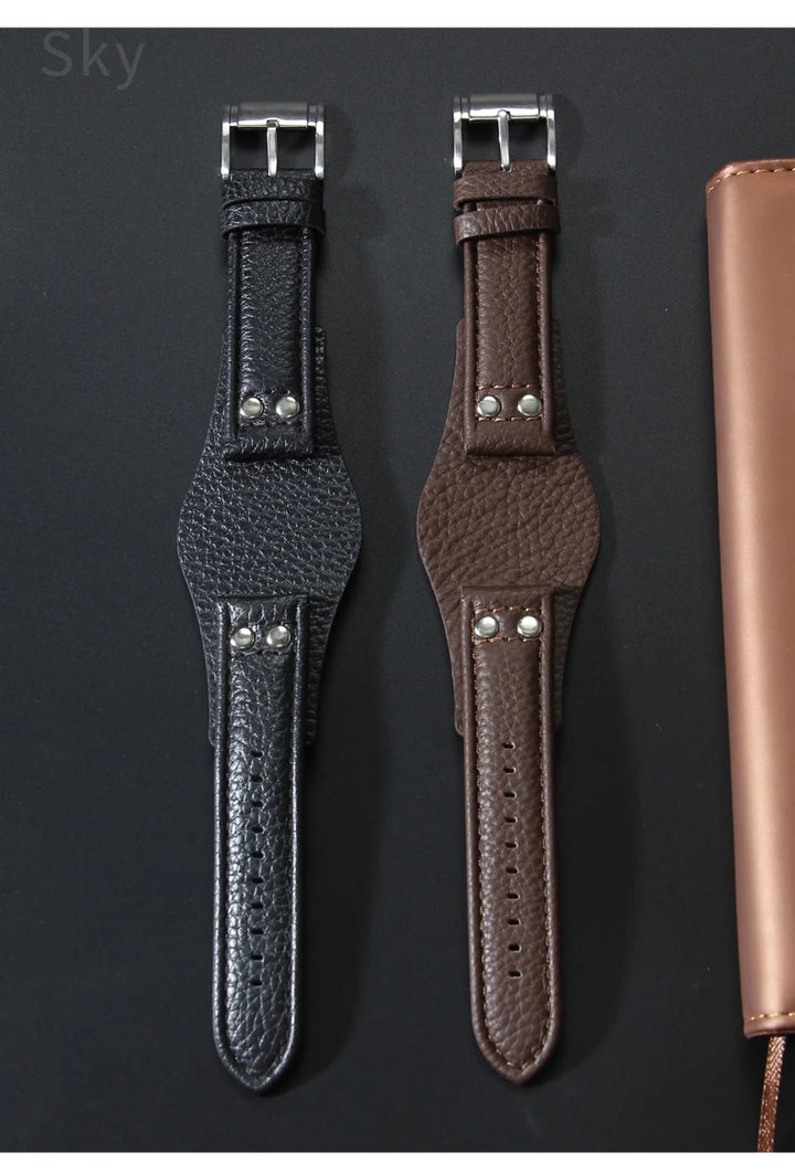 Genuine Leather Watch Strap for Fossil 22mm – Black & Brown, Rivet Style