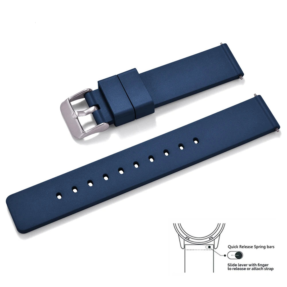Premium Grade Flat Smooth FKM Rubber Watch Strap 16mm 18mm 20mm 22mm 24mm Soft Quick Release Rubber Watch Bands