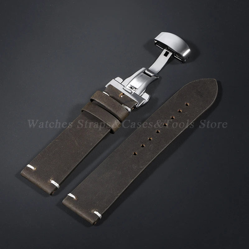 Stitching Cowhide Leather Watch Strap – 18–24mm, Vintage Brown, Butterfly Buckle