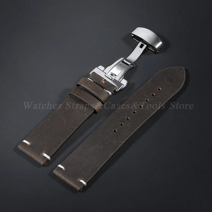 Stitching Cowhide Leather Watch Strap – 18–24mm, Vintage Brown, Butterfly Buckle