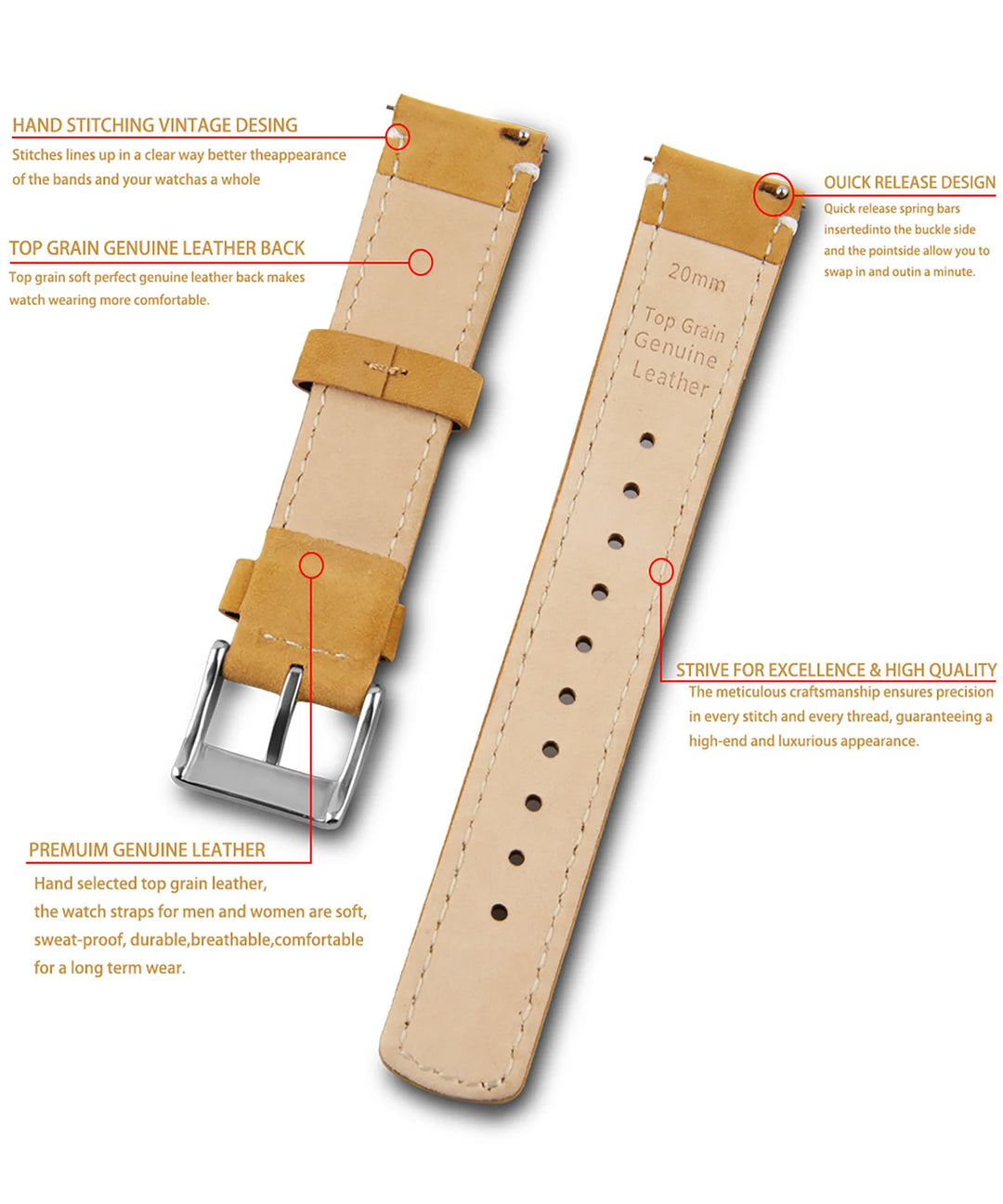 Top Grain Genuine Leather Quick Release Watch Band 20–22mm for Samsung Galaxy Watch