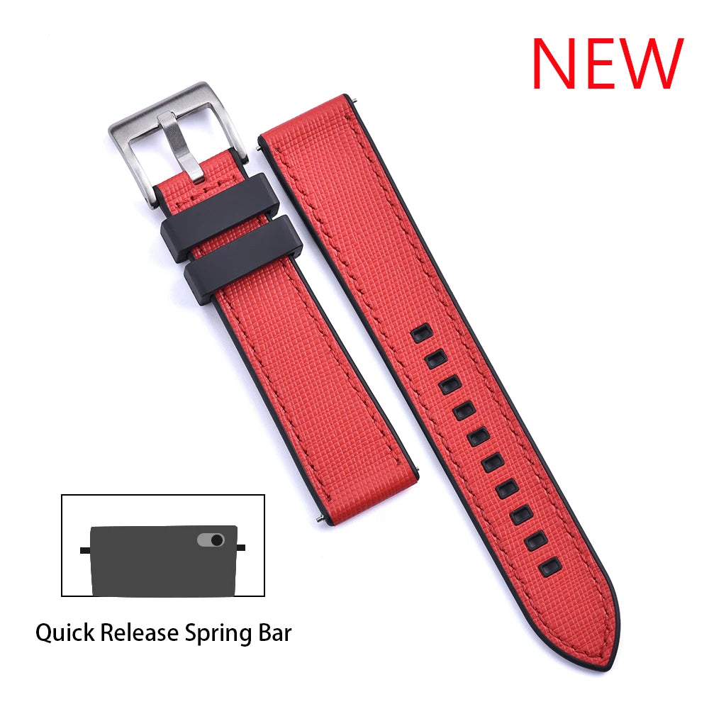 JUELONG New Design FKM Watch Strap 20mm 22mm Quick Release Hybrid Fluoro Rubber Saffiano Leather Watchbands