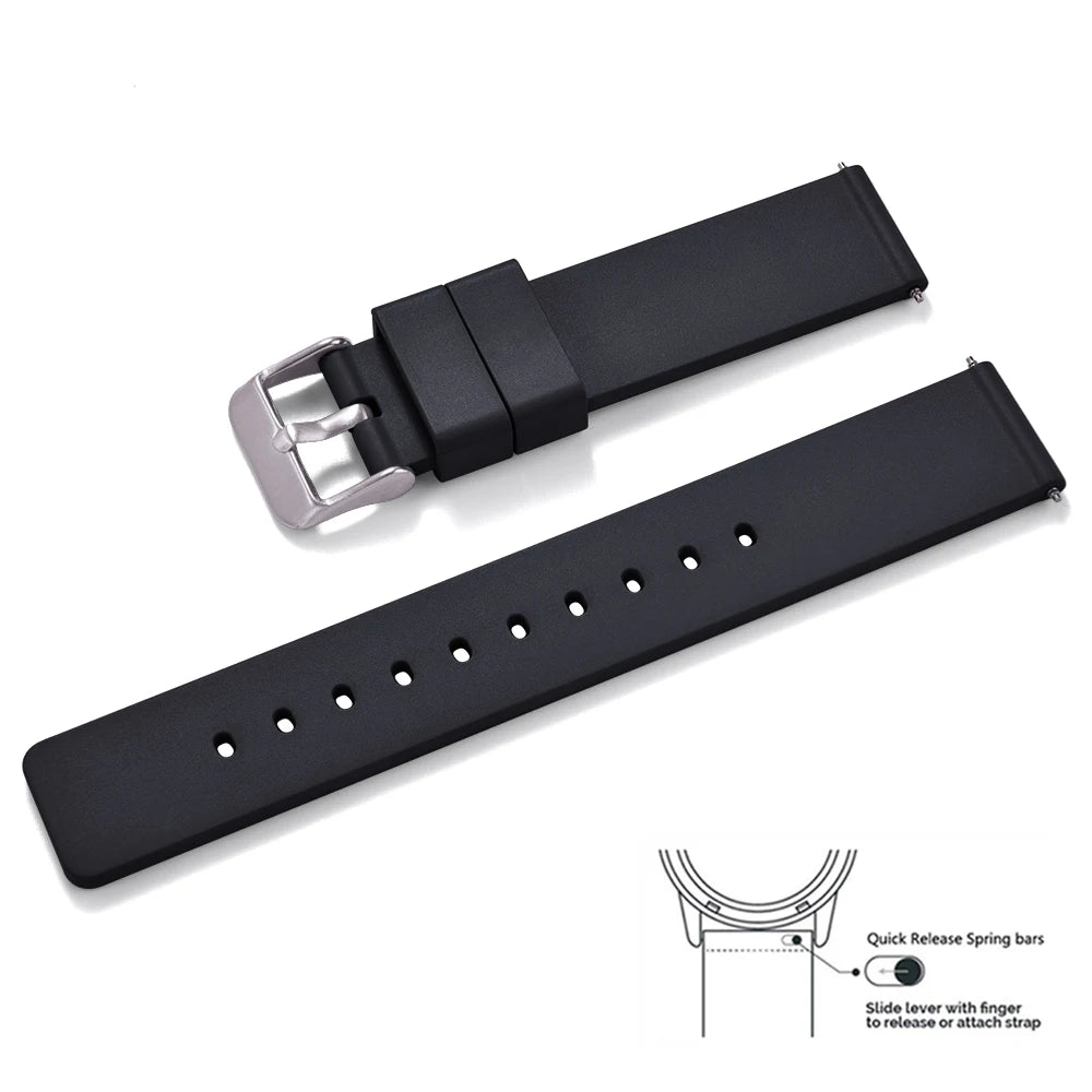 Premium Grade Flat Smooth FKM Rubber Watch Strap 16mm 18mm 20mm 22mm 24mm Soft Quick Release Rubber Watch Bands