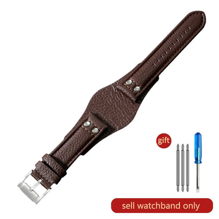 Genuine Leather Watch Strap for Fossil 22mm – Black & Brown, Rivet Style