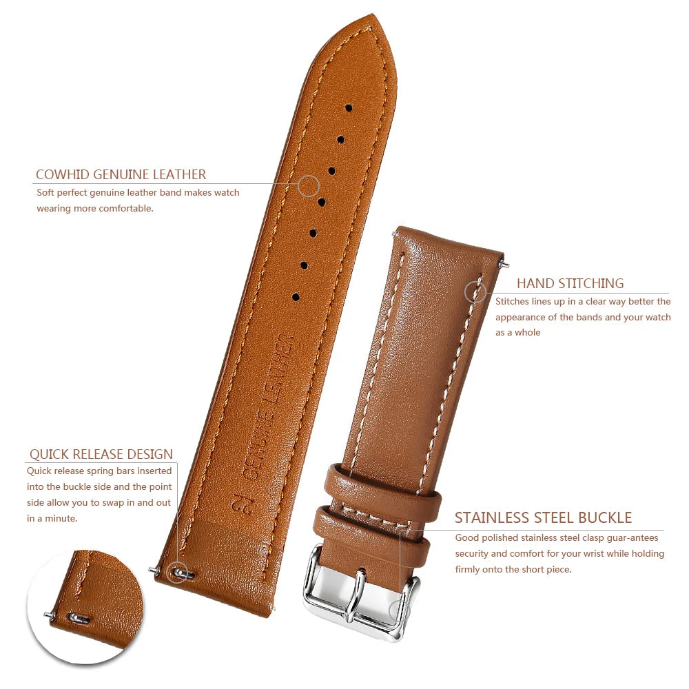 Top Grain Genuine Leather Watch Strap – 12–24mm, Quick Release