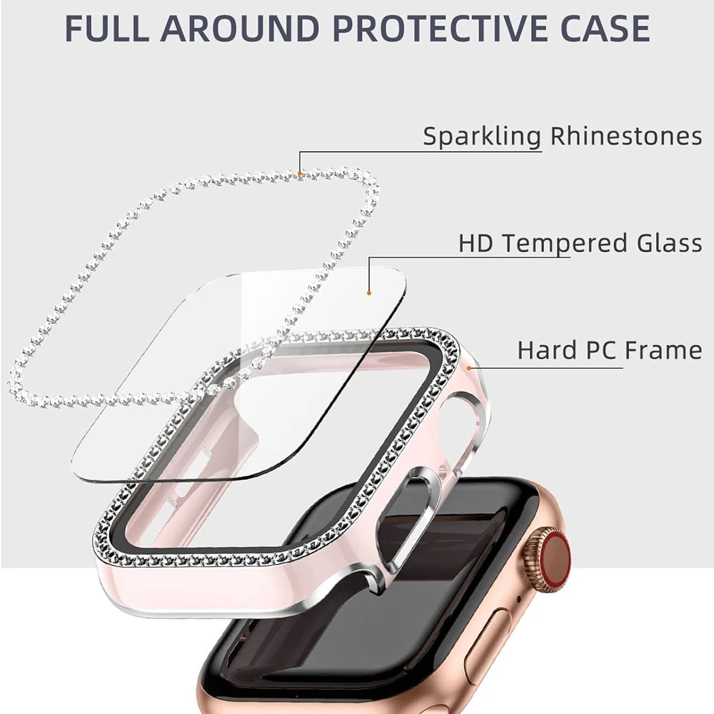 Glass+Cover For Apple Watch Case 45mm 44mm 41mm 40mm 38 42mm Bling Diamond bumper+Screen Protector iwatch series 9 8 7 5 6 4 SE
