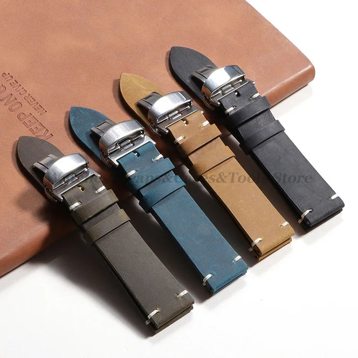 Stitching Cowhide Leather Watch Strap – 18–24mm, Vintage Brown, Butterfly Buckle