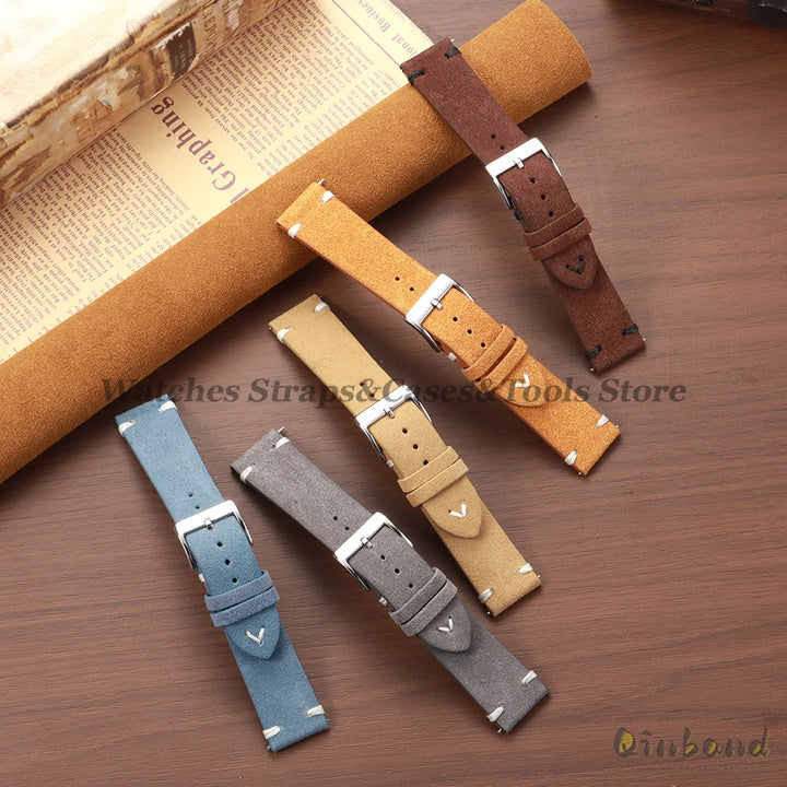 Suede Leather Vintage Watch Strap – 18/20/22mm, Blue Quick-Release