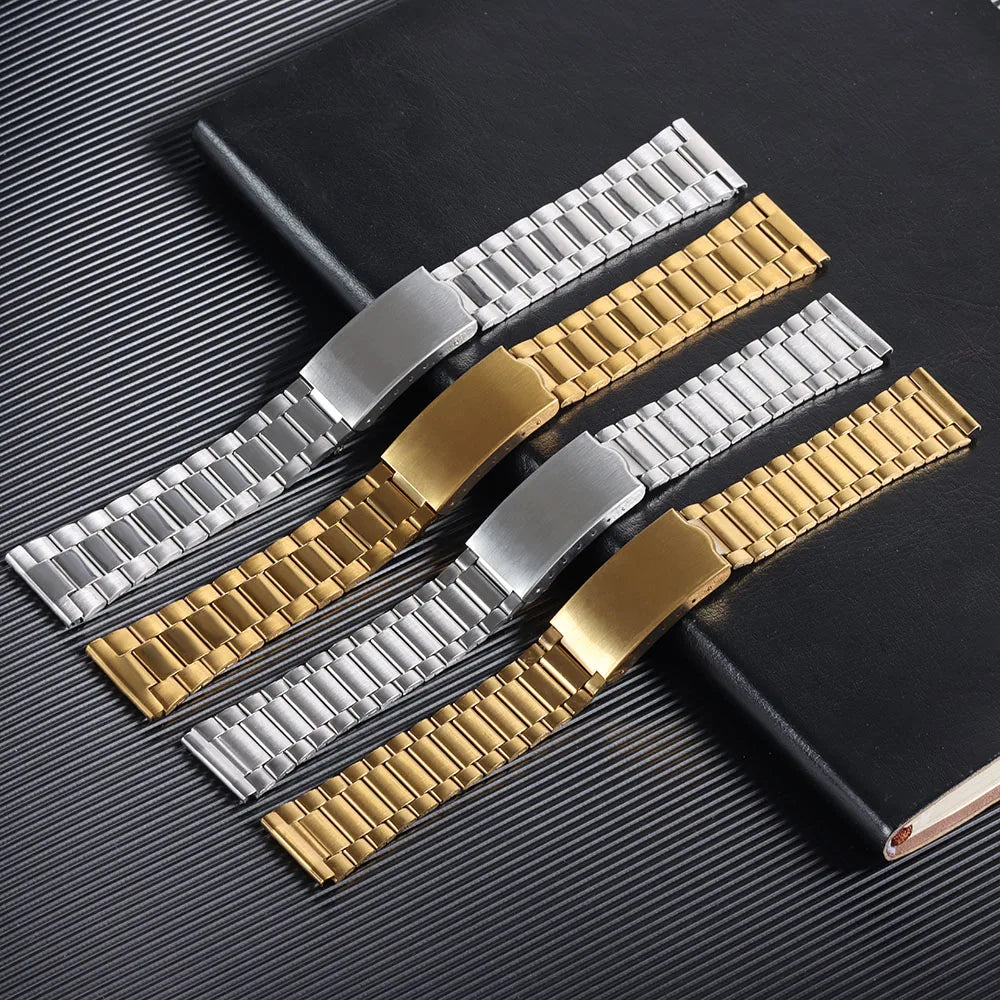 Stainless Steel Watch Strap – 12–20mm, Folding Buckle, Silver & Gold