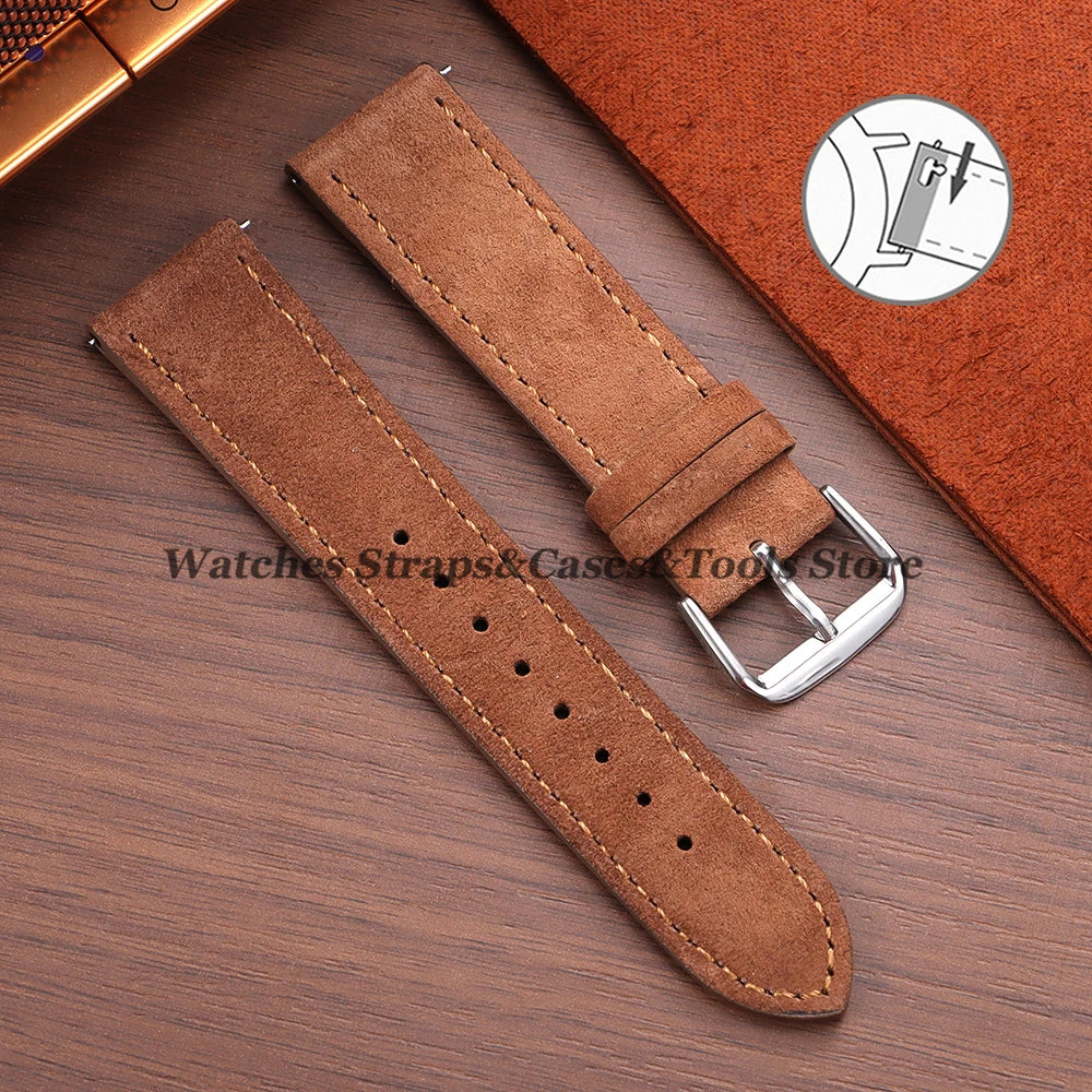 Vintage Suede Cowhide Leather Watch Strap (18–22mm, Quick Release)
