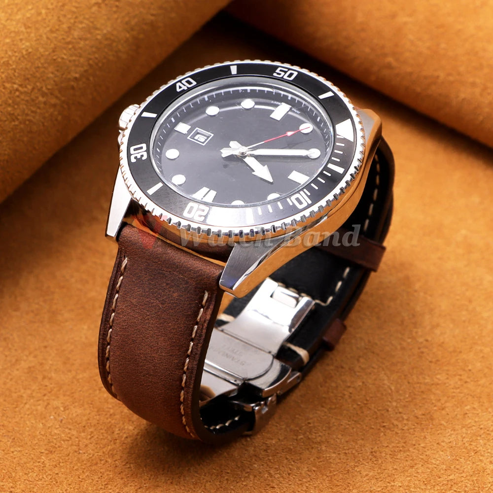 Genuine Calfskin Leather Band for Omega Business Watch Band for Seiko 14/16/18/20/22/24mm Butterfly Buckle Stitching Brown Strap