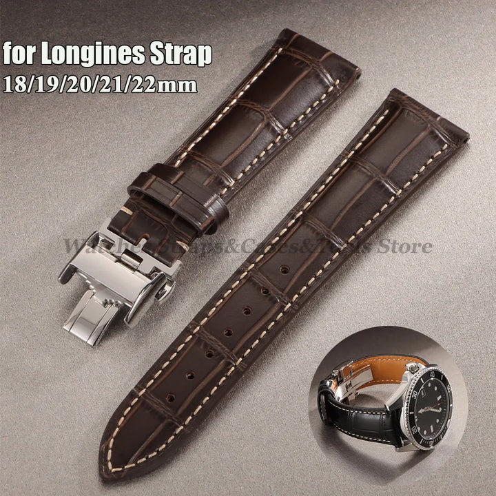 18mm 19mm 20mm 21mm 22mm Cowhide Leather Watch Strap for Longines Watch Bracelet Universal Butterfly Clasp Wristband Replacement
