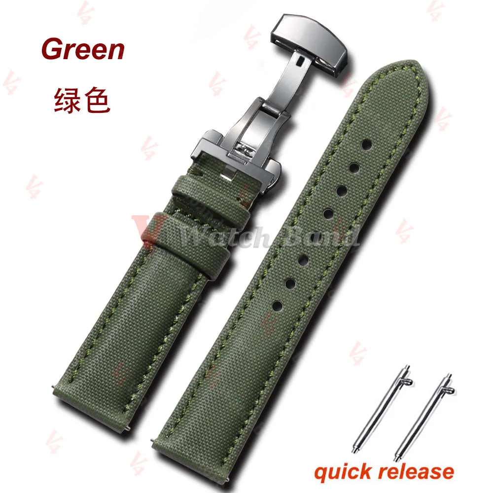 Sailcloth Nylon Leather Watchband for Omega Business Watch Band for Seiko 22mm 20mm Butterfly Buckle Stitching Green Blue Strap