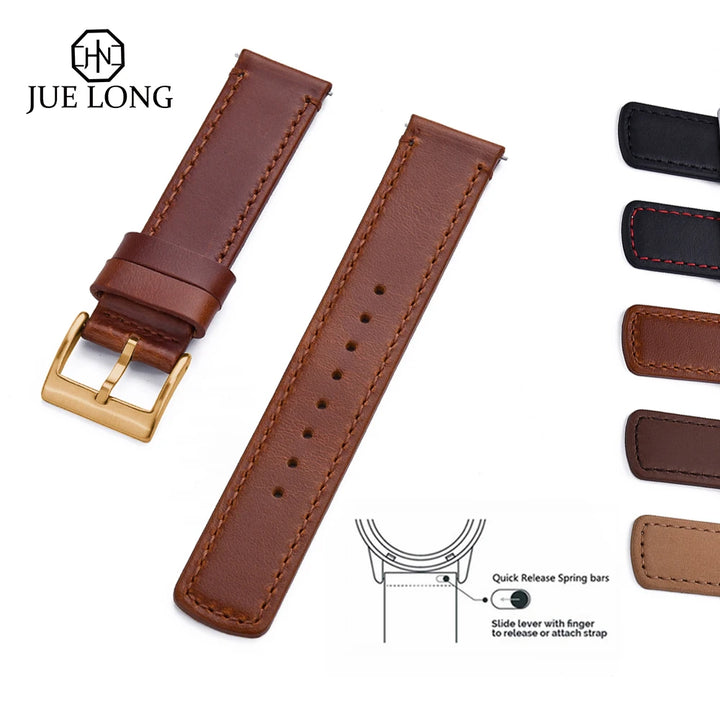 JUELONG Premium Leather Watch Strap 20mm 22mm With Quick Release Watch Bands Black Silver Buckle For Men's Watches Accessories