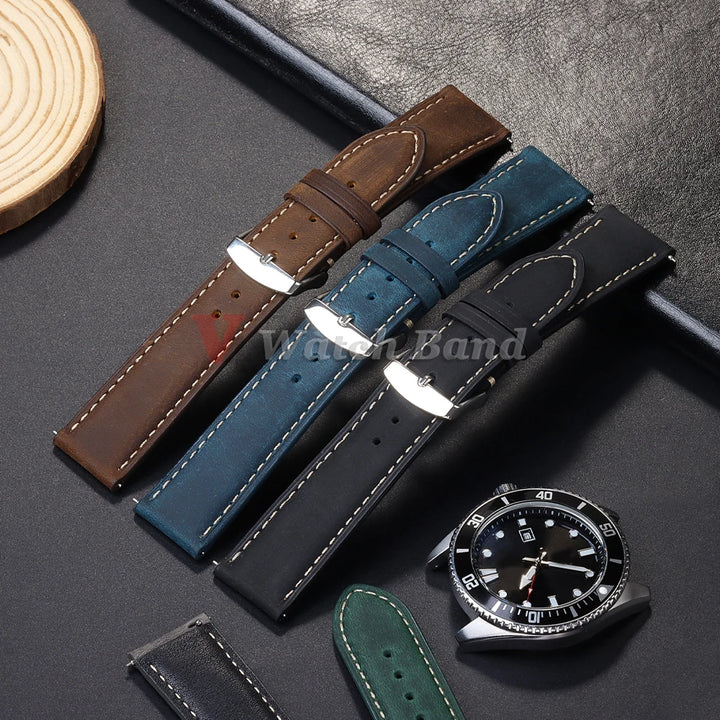 Vintage Dark Brown Cowhide Leather Watch Strap (14–24mm, Quick Release)