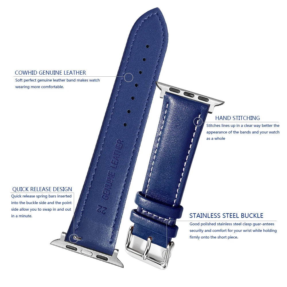 Genuine Leather Apple Watch Band 40–49mm for iWatch Series 3–8 & Ultra