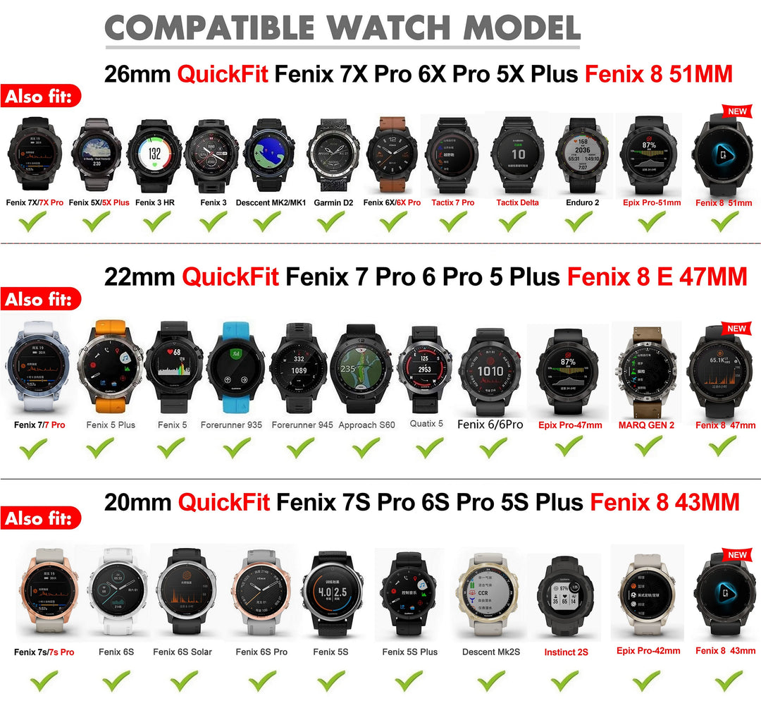 QuickFit Silicone Watch Strap 20/22/26mm for Garmin Fenix & Tactix Series