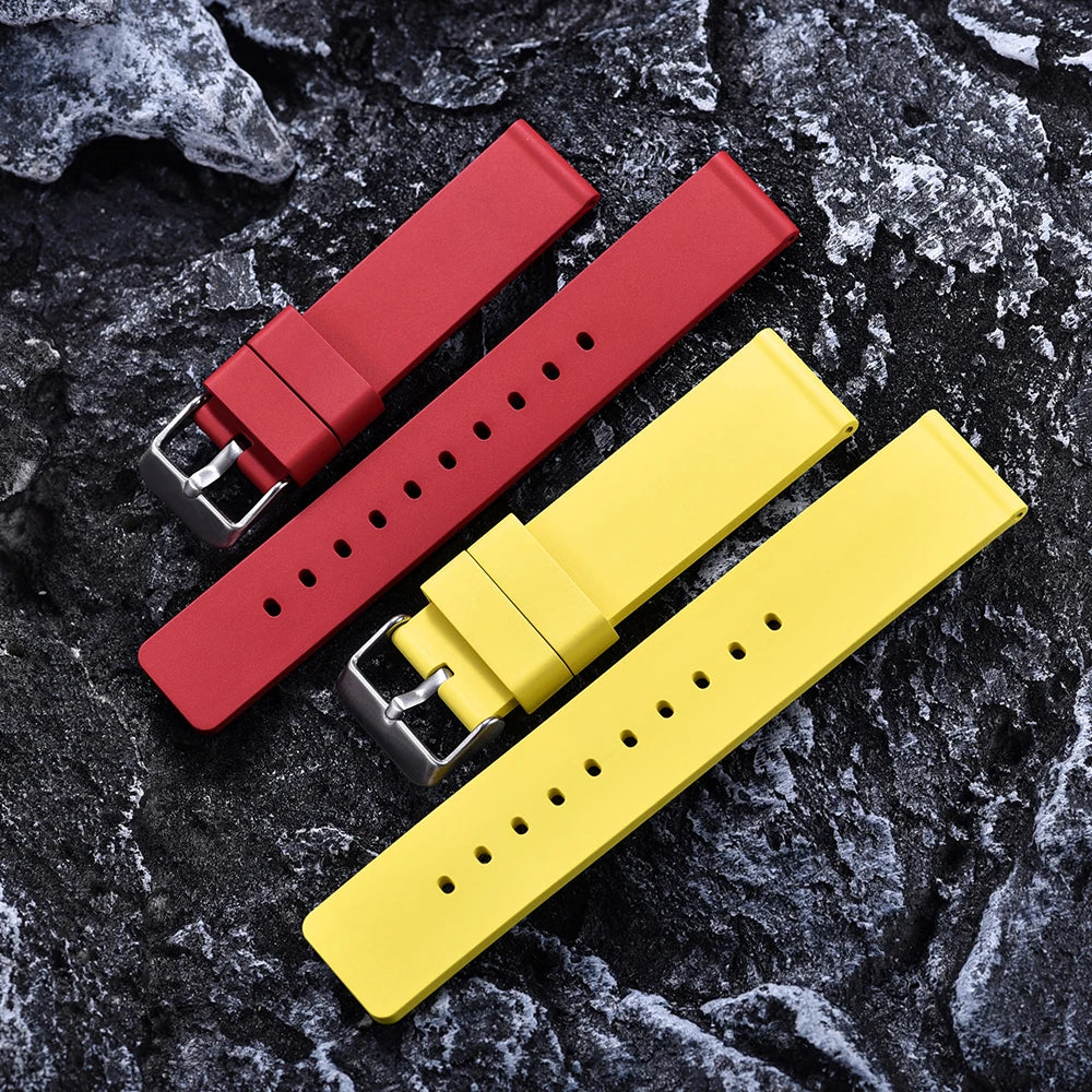 Premium Grade Flat Smooth FKM Rubber Watch Strap 16mm 18mm 20mm 22mm 24mm Soft Quick Release Rubber Watch Bands