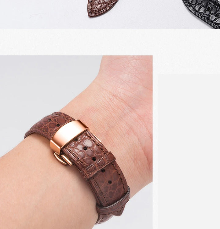 Crocodile Skin Genuine Leather Watch Band with Needle & Butterfly Buckle for