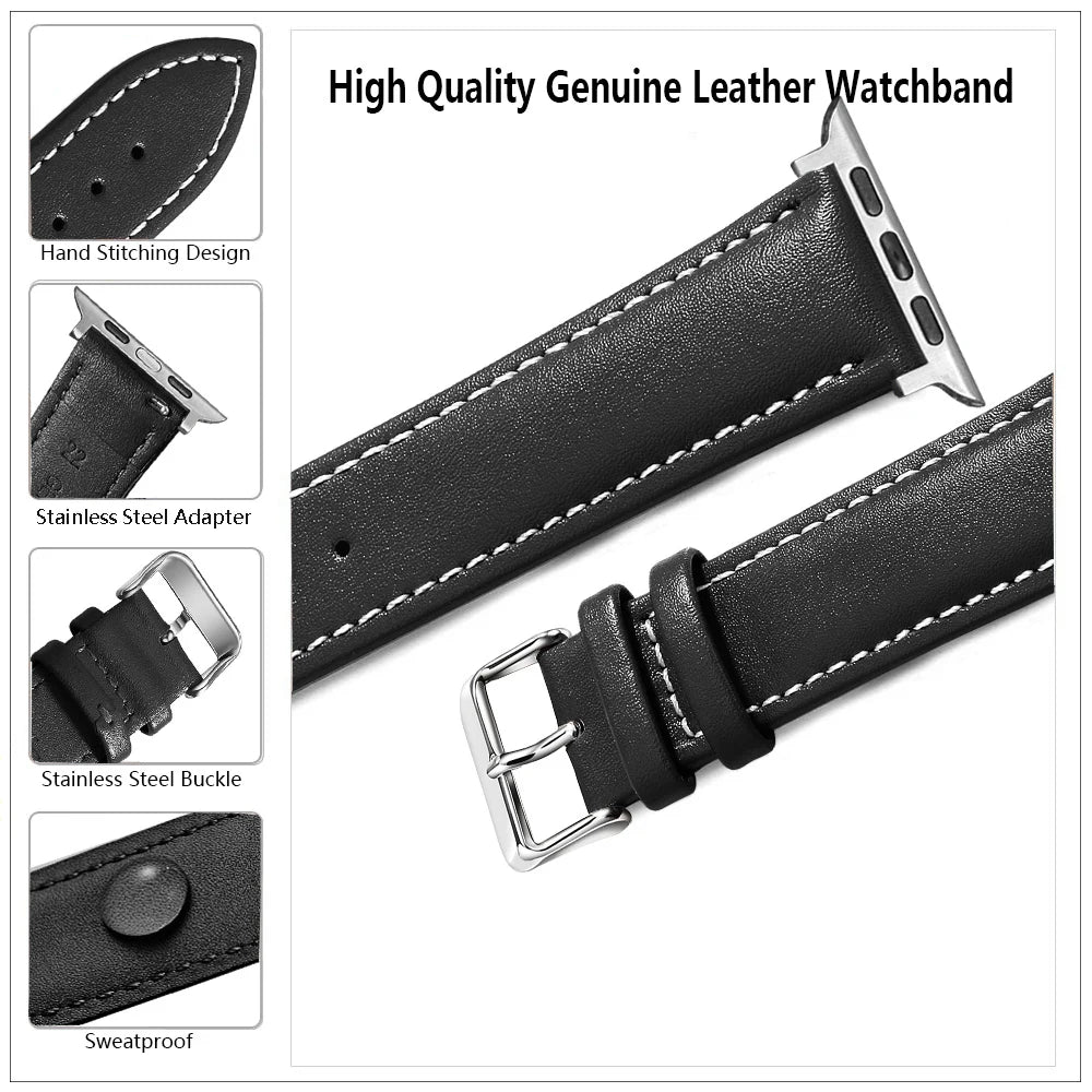 Genuine Leather Apple Watch Band 40–49mm for iWatch Series 3–8 & Ultra