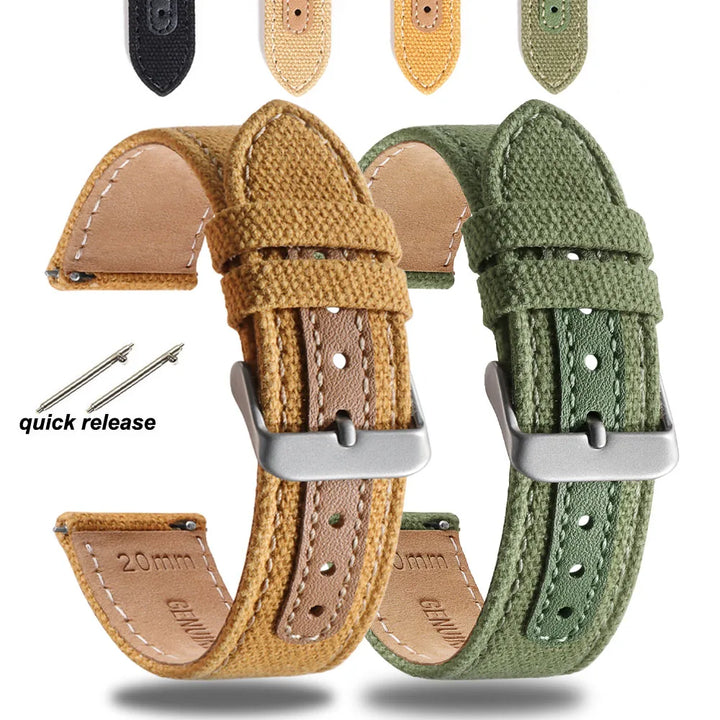 Genuine Leather & Nylon Watch Band 20–22mm (Quick Release, Vintage Weave)
