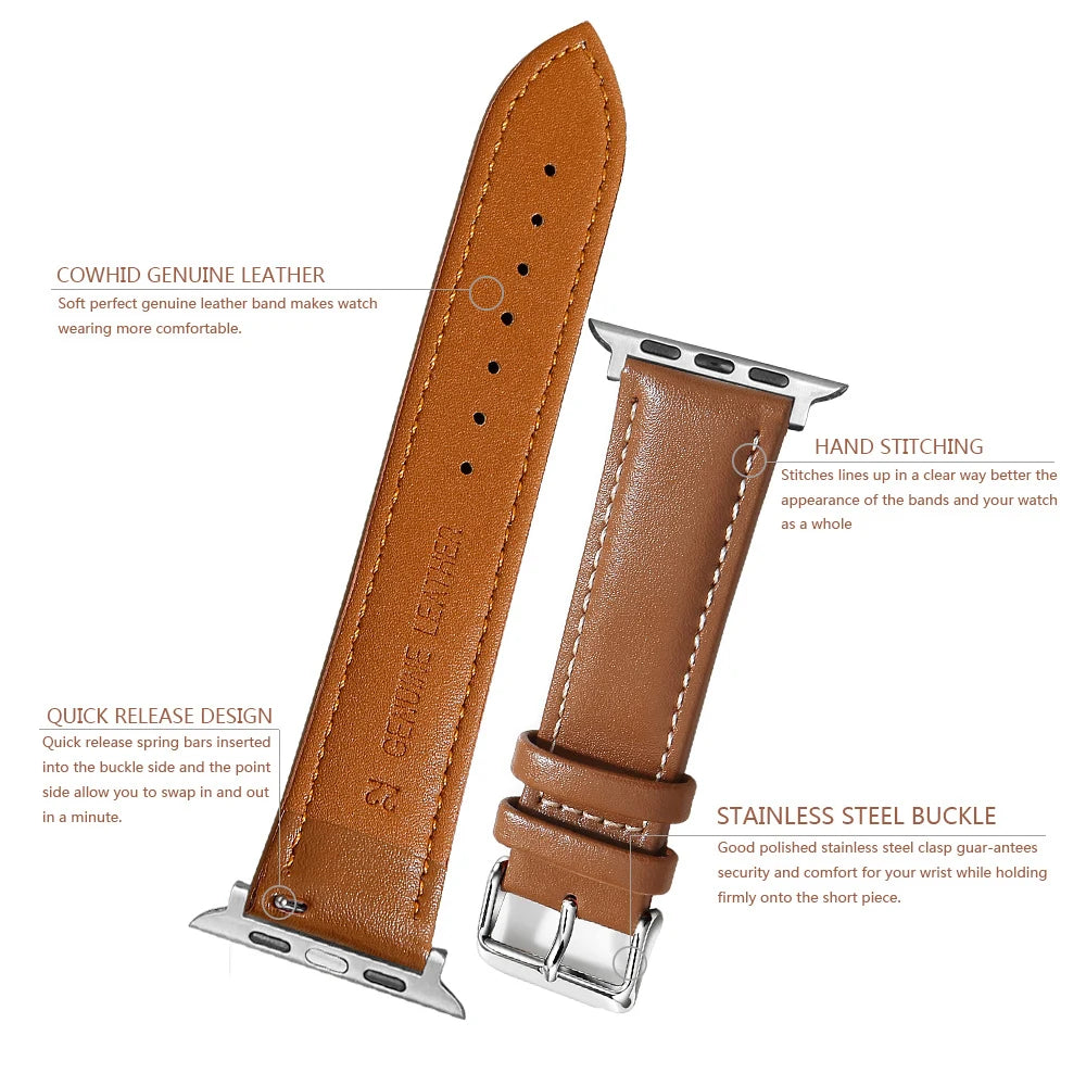 Genuine Leather Apple Watch Band 40–49mm for iWatch Series 3–8 & Ultra