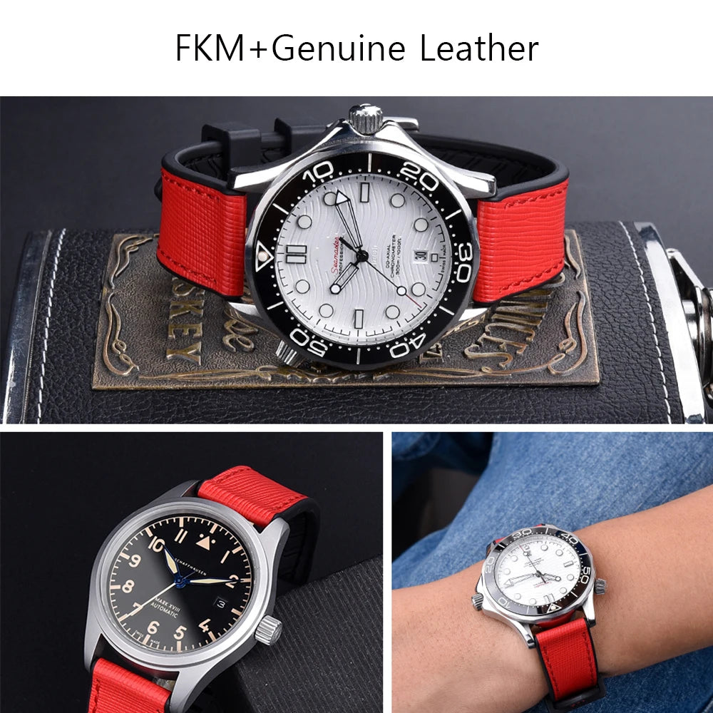 JUELONG New Design FKM Watch Strap 20mm 22mm Quick Release Hybrid Fluoro Rubber Saffiano Leather Watchbands