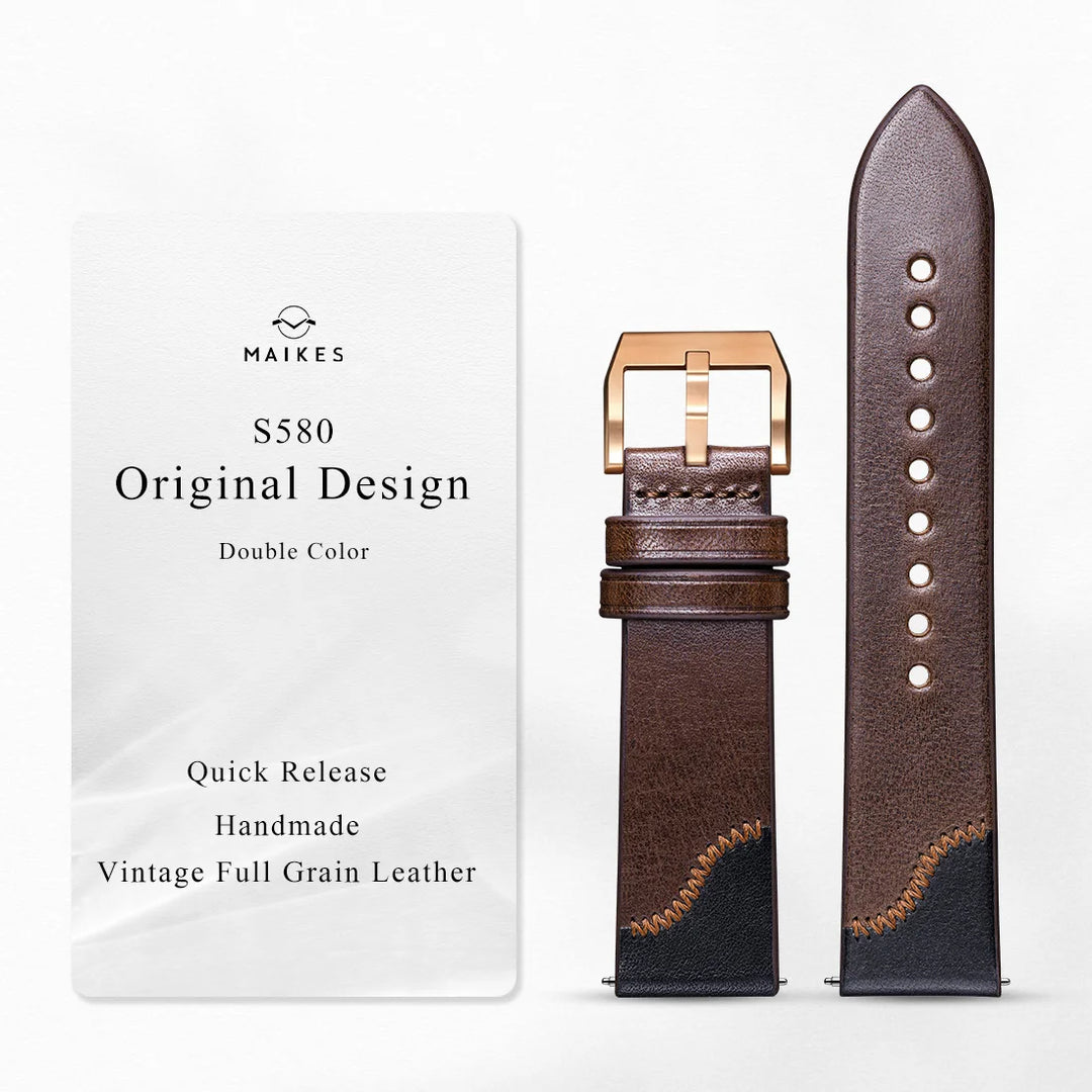 Luxury Design Bicolor Handmade Stitching Watch Strap Quick Release Watch Accessories Full Grain Leather Watch Band