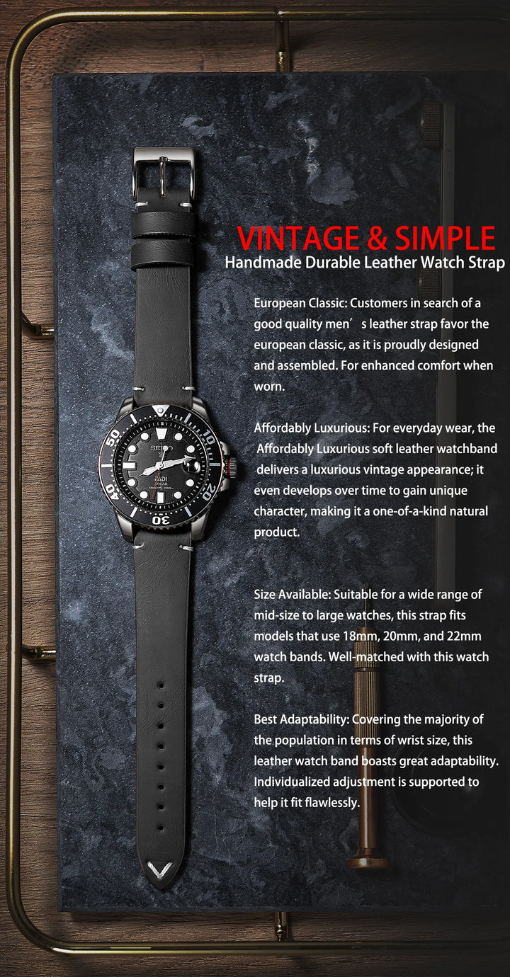 Sport Vintage Leather Watch Band 18–22mm with Stainless Steel Buckle