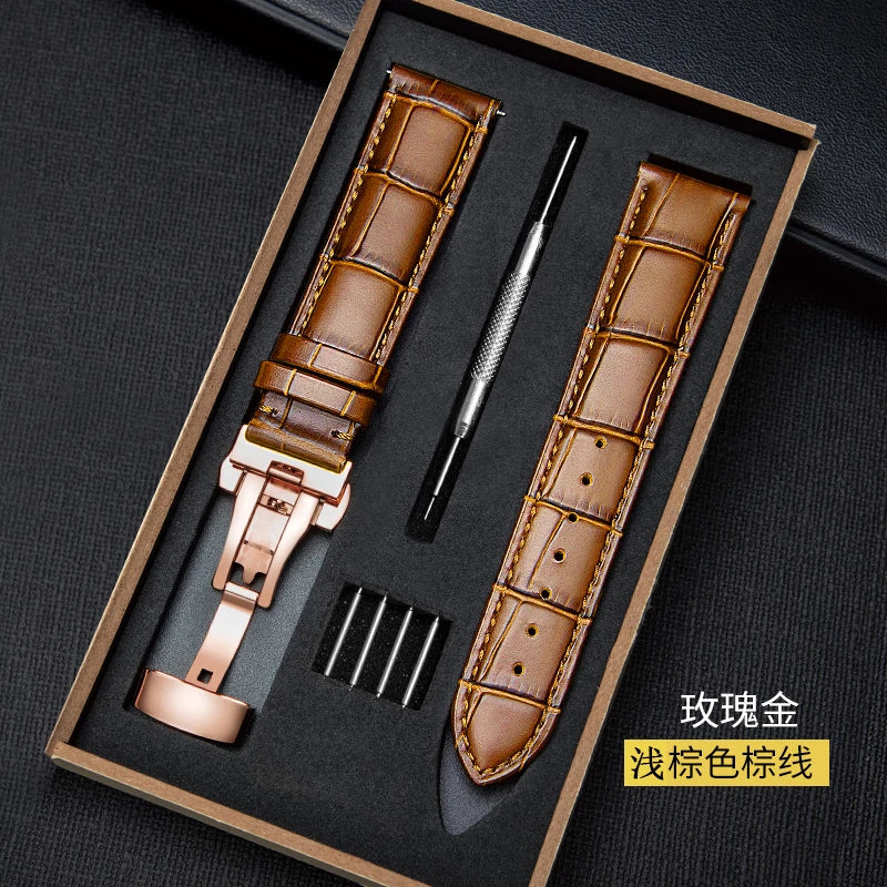 Genuine Leather Watch Band 18–24mm with Wooden Box & Butterfly Clasp