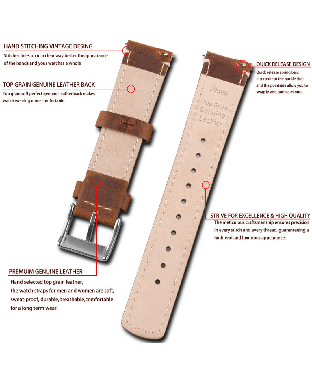 Genuine Top Grain Leather Quick Release Watch Band 20–22mm for Samsung Galaxy Watch