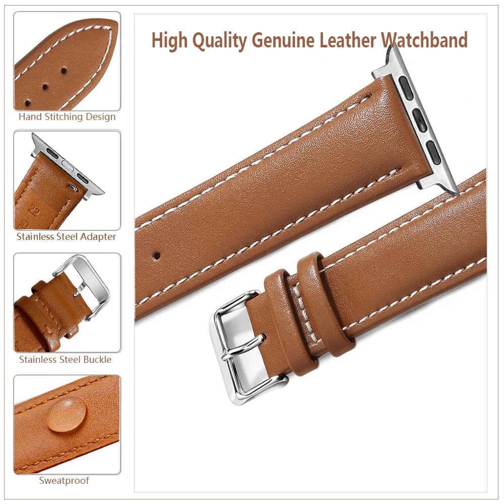 Genuine Leather Apple Watch Band 40–49mm for iWatch Series 3–8 & Ultra