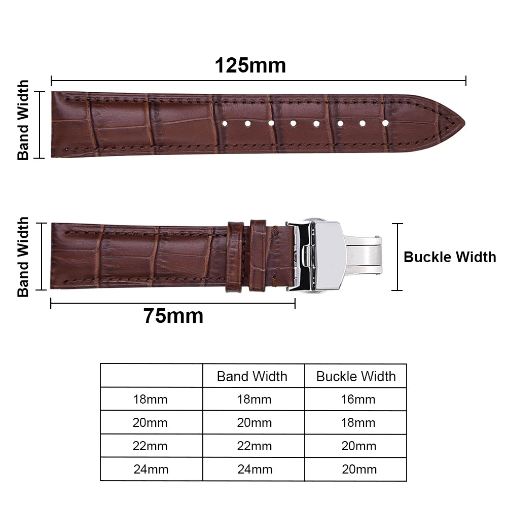 Cowhide Leather Watch Strap with Butterfly Clasp (18-22mm)
