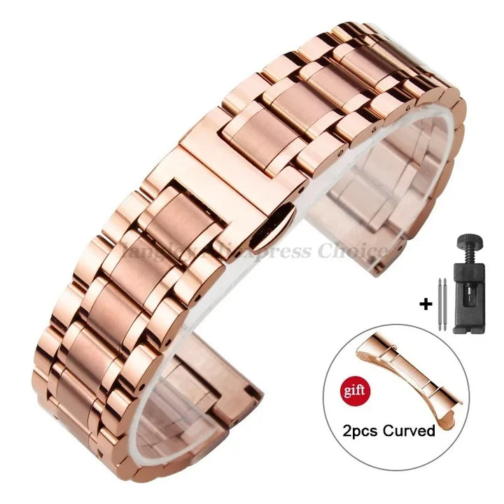 Curved-End Stainless Steel Watch Strap – 12–24mm, Butterfly Clasp