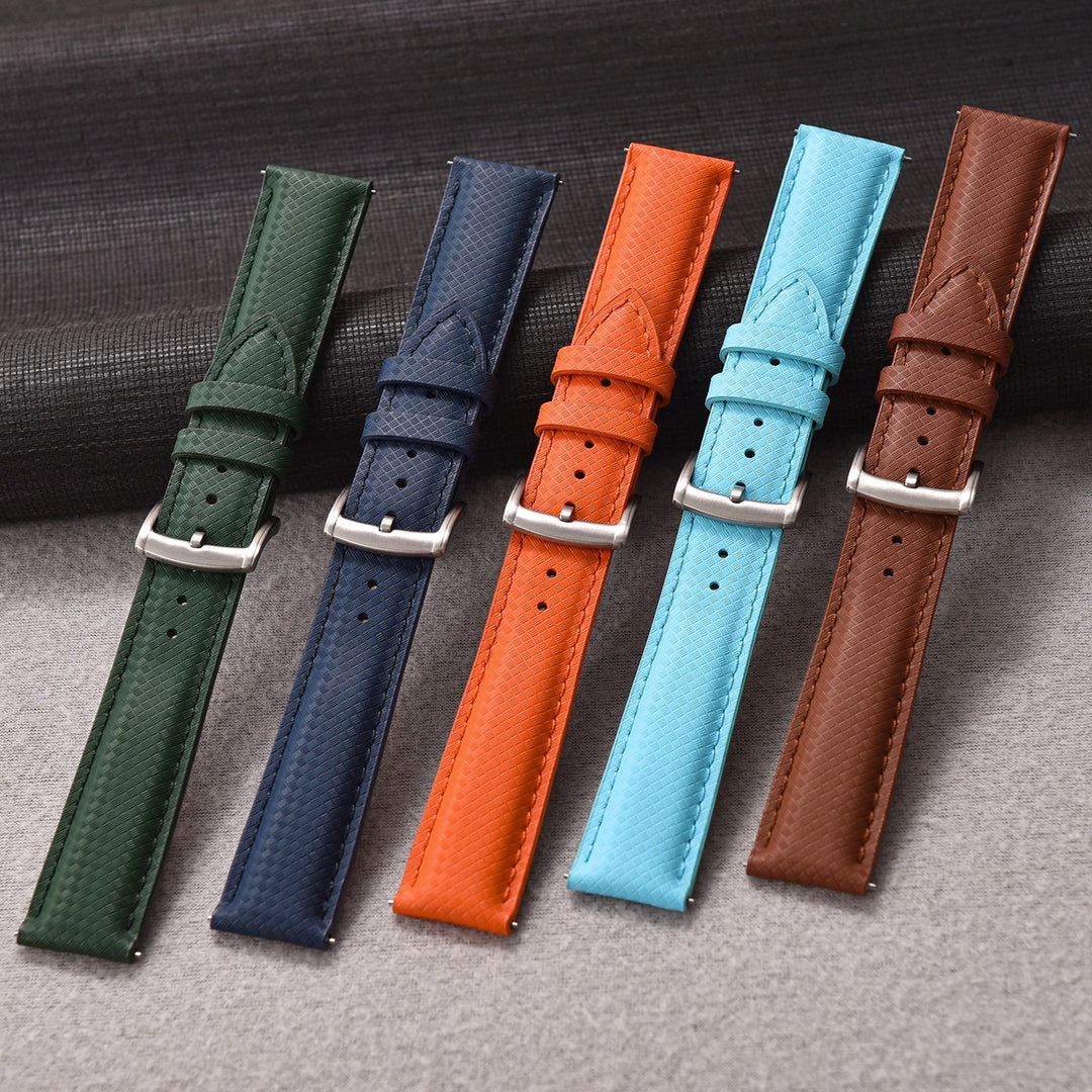 FKM Rubber Leather Watch Band 18/19/20/22mm Quick Release Sailcloth Leather Strap Butterfly Buckle Band For Omega Seiko Cartier
