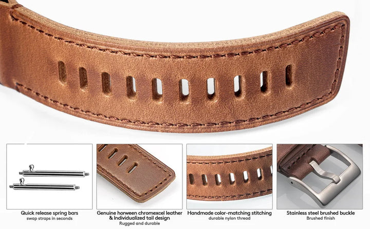 HEMSUT Genuine Horween Leather Watch Strap – Quick Release, 18–24mm Vintage Band for Men