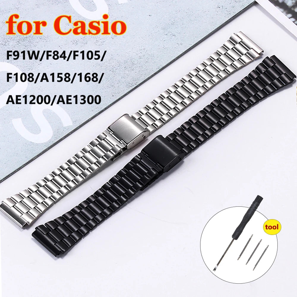 Stainless Steel Metal Watch Band 18mm for Casio F-91W, F105, A158W & More