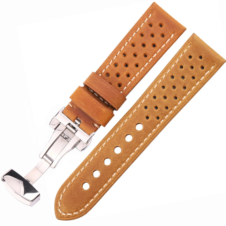 Breathable Genuine Leather Watchband with Deployment Clasp  20mm 22mm 24mm Comfortable Soft Watch Strap